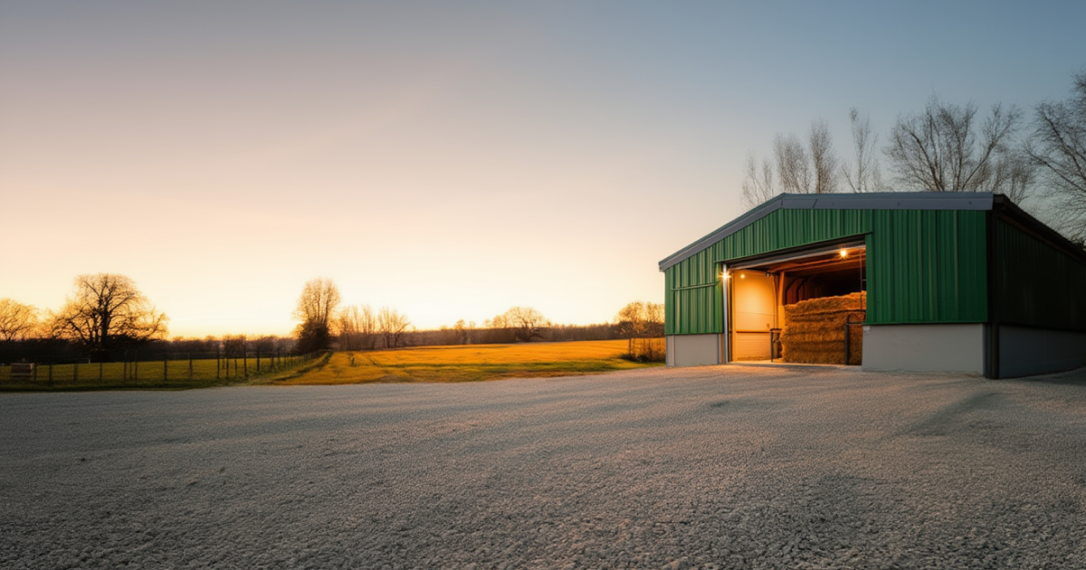 Barn in field at golden hour